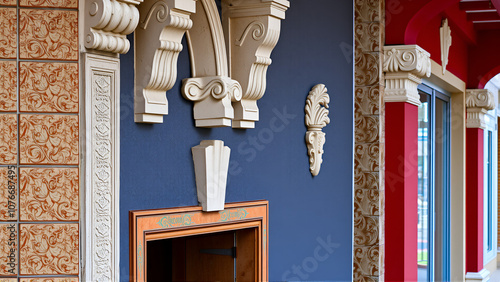 Elements of architectural decorations of buildings, columns and capitals, gypsum moldings, wall textures and patterns. On the streets in Georgia, public places.