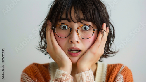 Surprised young woman with wide eyes and hands on her cheeks, wearing stylish tortoiseshell glasses and an orange sweater, expressing shock or amazement