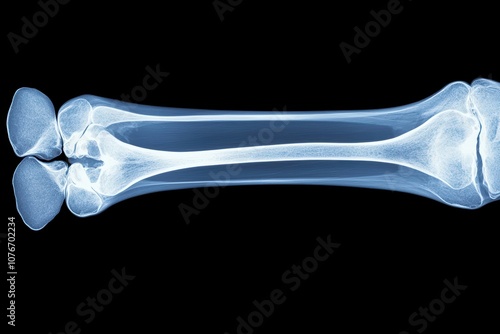 X-ray image of a human leg bone, detailed view on a black background.