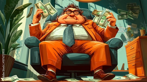 A jolly cartoon executive in an orange suit relaxes in his office, with dollar bills scattered around, depicting prosperity and extravagance in an office setting.