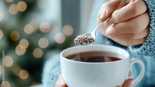 Sugar is being added to a steaming cup of coffee, creating a warm and serene ambiance, with bokeh lights in the soft, blurred background.