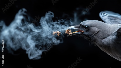 A crow in a mysterious, dark setting appears to exhale wispy tendrils of smoke, creating a captivating and enigmatic visual narrative full of intrigue.