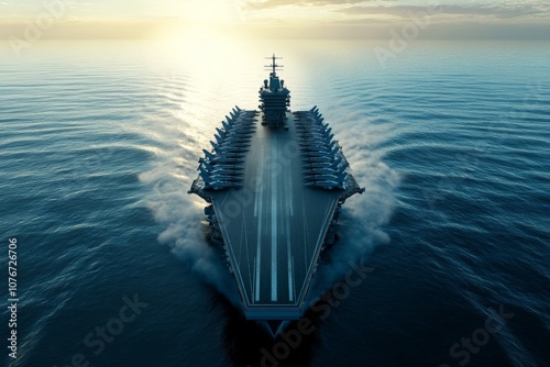 Aerial view of an aircraft carrier . a bird's-eye military ship. 