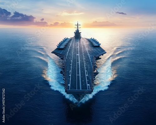 Aerial view of an aircraft carrier . a bird's-eye military ship. 