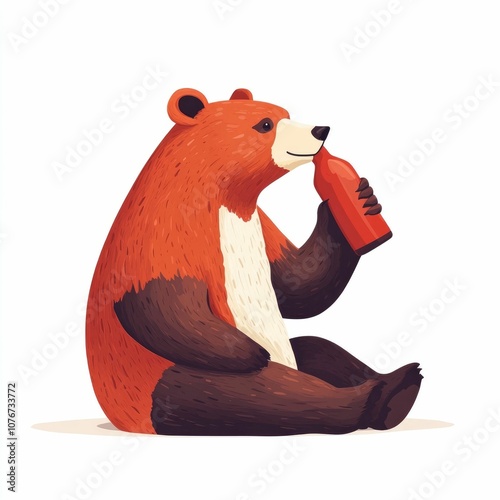 Minimalist of a bear sitting and drinking from a bottle with soft color shading and a clean isolated white background Concept of nature wildlife and simple design