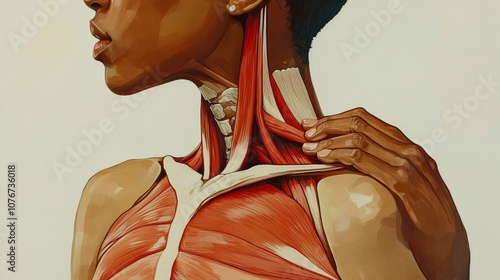 A woman with light skin rests her hand on her shoulder. Her neck, back, and trapezius muscles are highlighted, as is the top of her spine. The thoracic region of her spine is outlined in red.