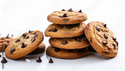 chocolate chip cookies stacks assorted baked sweets perfect for snacks white background