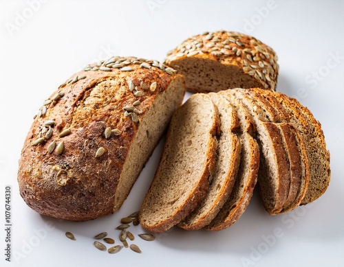 healthy whole grain bread loaves topped with seeds sliced fresh baked loaves white background