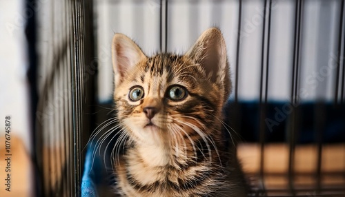 a tabby kitten looking up from its cage