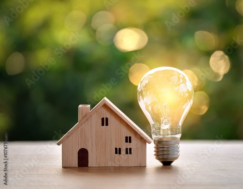 light bulb with wood house on the table a symbol for construction creative light bulb idea power energy or business idea concept ecology loan mortgage property or home