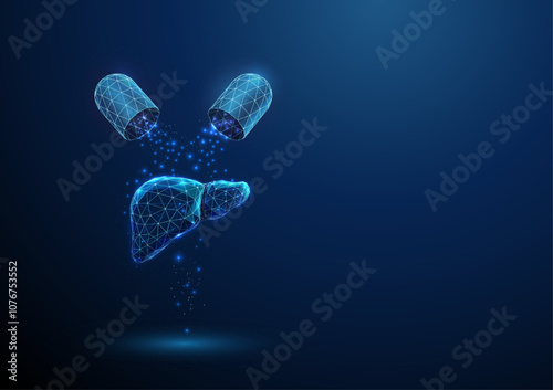 Opened blue medical drug capsule with falling particles and human liver. Healthcare medical pharmacy concept. Low poly futuristic technology digital style.