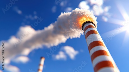 An industrial smokestack stands tall under a magnificent blue sky, streaming smoke, highlighting the juxtaposition between human advancement and environmental challenges.