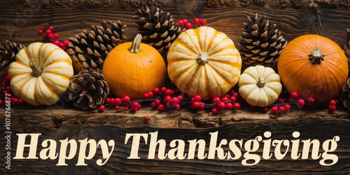 Festive Thanksgiving Decor: Vibrant Pumpkins, Pinecones, and Berries Against a Rustic Wooden Background with Happy Thanksgiving Message