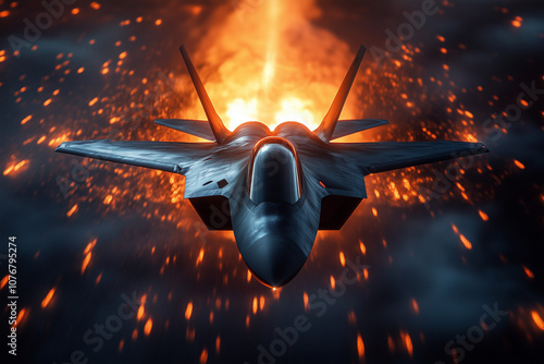 Modern fighter jet flying in the dark sky concept.