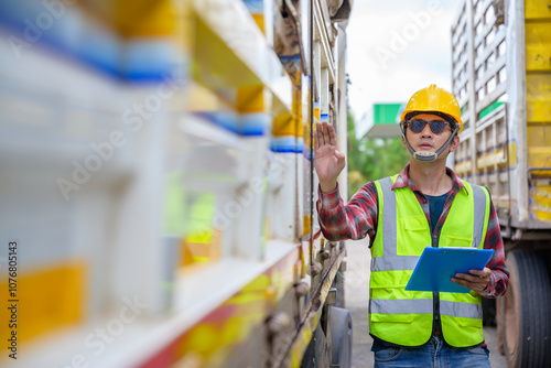 A logistics worker holding a clipboard and wearing a safety helmet and reflective vest checks a cargo truck to make sure it complies with transportation regulations.