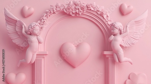 Romantic Backdrop with Cupid Silhouettes and Heart Shapes in 3D