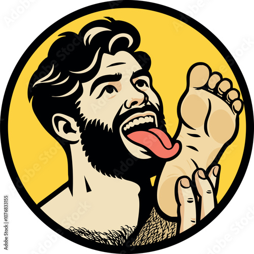 Bearded hairy gay man licking foot with tongue. Cheerful round graphic gay foot fetish symbol (vector)