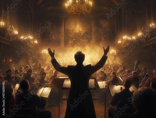 Conductor leading his symphony in a musical performance