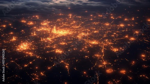 Cityscape at night illuminated by countless lights, symbolizing the widespread use of electricity