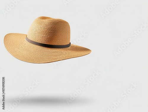 Large floppy sun hat, midflight and floating, isolated on a white background, exuding effortless elegance