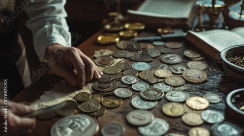 An antique shopkeeper's desk with old coins like French 50 centimes and U.S double Eagles. Vintage items, silver coins, and a 100 Francs note add to the nostalgic atmosphere.