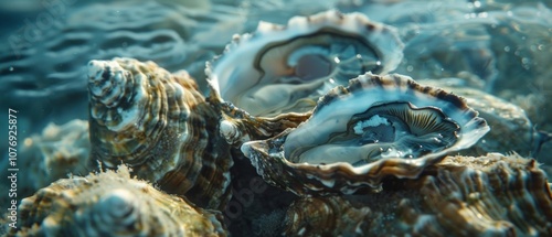 Underwater image shows open & closed oyster shells at different depths, suggesting natural bed/farm. Sunlight filters through blue water, air bubbles hint at shell movement.