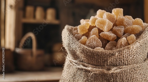 Raw sugar in its natural form, with brown crystals in a burlap sack, representing unrefined sugar