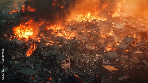 巨大地震による日本家屋の倒壊