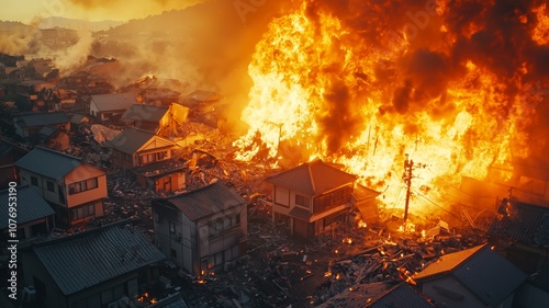 巨大地震による日本家屋の倒壊