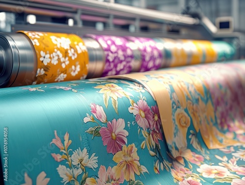 Textile Printing Machine with Colorful Fabric Rolls