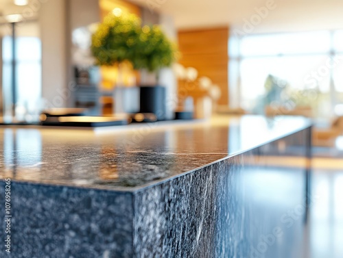 detail-oriented close-up of a marble granite kitchen island, set in a modern, bright kitchen space, emphasizing texture, elegance, and functionality for product display