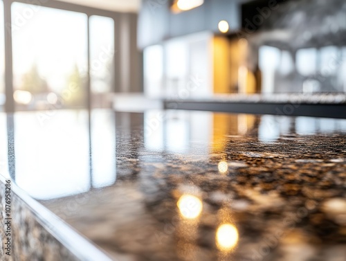 detail-oriented close-up of a marble granite kitchen island, set in a modern, bright kitchen space, emphasizing texture, elegance, and functionality for product display