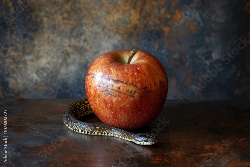 Apple with a serpent coiled around it, symbolizing the forbidden fruit, knowledge, and themes