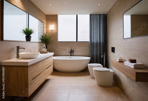 Modern Minimalist Bathroom with Warm Tones. A sleek and modern bathroom with a minimalist design featuring a freestanding bathtub, a double vanity, and a separate toilet area.