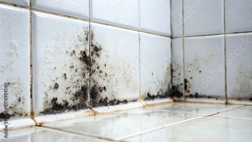 Close-up of black mold growing in the corner of a bathroom tile wall