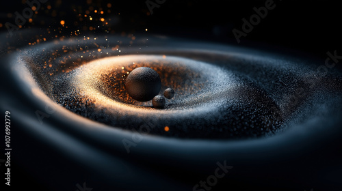 Abstract visualization of gravitational waves with spheres and particle-like effects in dark and glowing environment