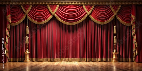 Red Velvet Stage Curtains with Golden Tassels and Wooden Floor, theater , performance