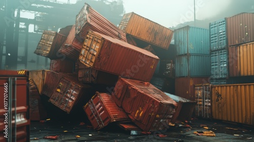 Tipped Cargo Containers in Industrial Yard After Truck Accident, scattered metal boxes, disrupted logistics, urgent cleanup needed