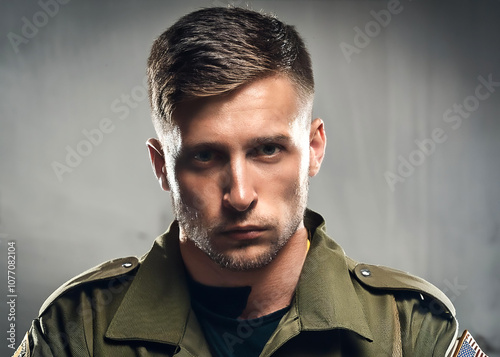 Person wearing military uniform with American flag patch on shoulder, standing against a blurred background