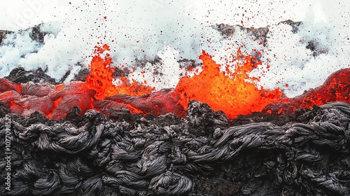 Explosive volcanic eruption with flowing lava.