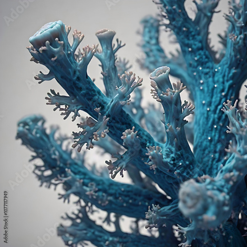 A close up view of a blue coral formation showcasing its intricate branching structure and delicate polyps