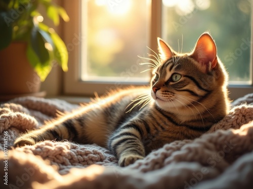 Tabby cat lounging on a cozy knitted blanket by the window, basking in warm sunlight, creating a peaceful indoor scene with natural light and green plant in the background