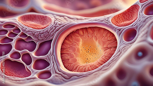 Microscopic View of Cellular Tissue Featuring a Vibrant Orange Core Surrounded by Complex Purple Structures in High Detail