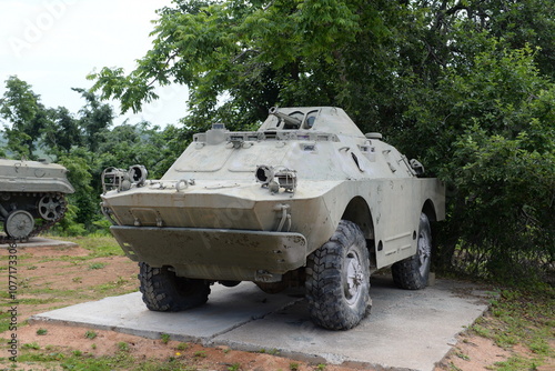 Armored reconnaissance patrol vehicle BRDM in the military patriotic park of culture and recreation of the Armed Forces "Patriot" on Russian Island. The city of Vladivostok