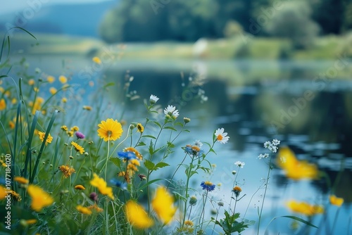 A field of vibrant wildflowers blooming next to a calm body of water, Wildflowers blooming along the banks of a tranquil lake