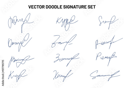 Set of autograph fictitious, handwritten fake signature. Isolated doodle on white background, vector illustration