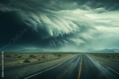 Massive storm clouds gather menacingly over an endless stretch of straight road, creating a sense of impending doom and awe at the sheer power of nature.