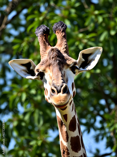 The giraffe (Giraffa camelopardalis), African even-toed ungulate mammal, the tallest of all extant land-living animal species, portrait of beautiful animal with green leaves in background