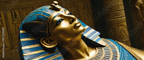 Ancient Egyptian sarcophagus covered in gold and blue inlay