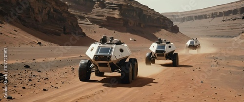 Colonists exploring Mars in hightech rover vehicles